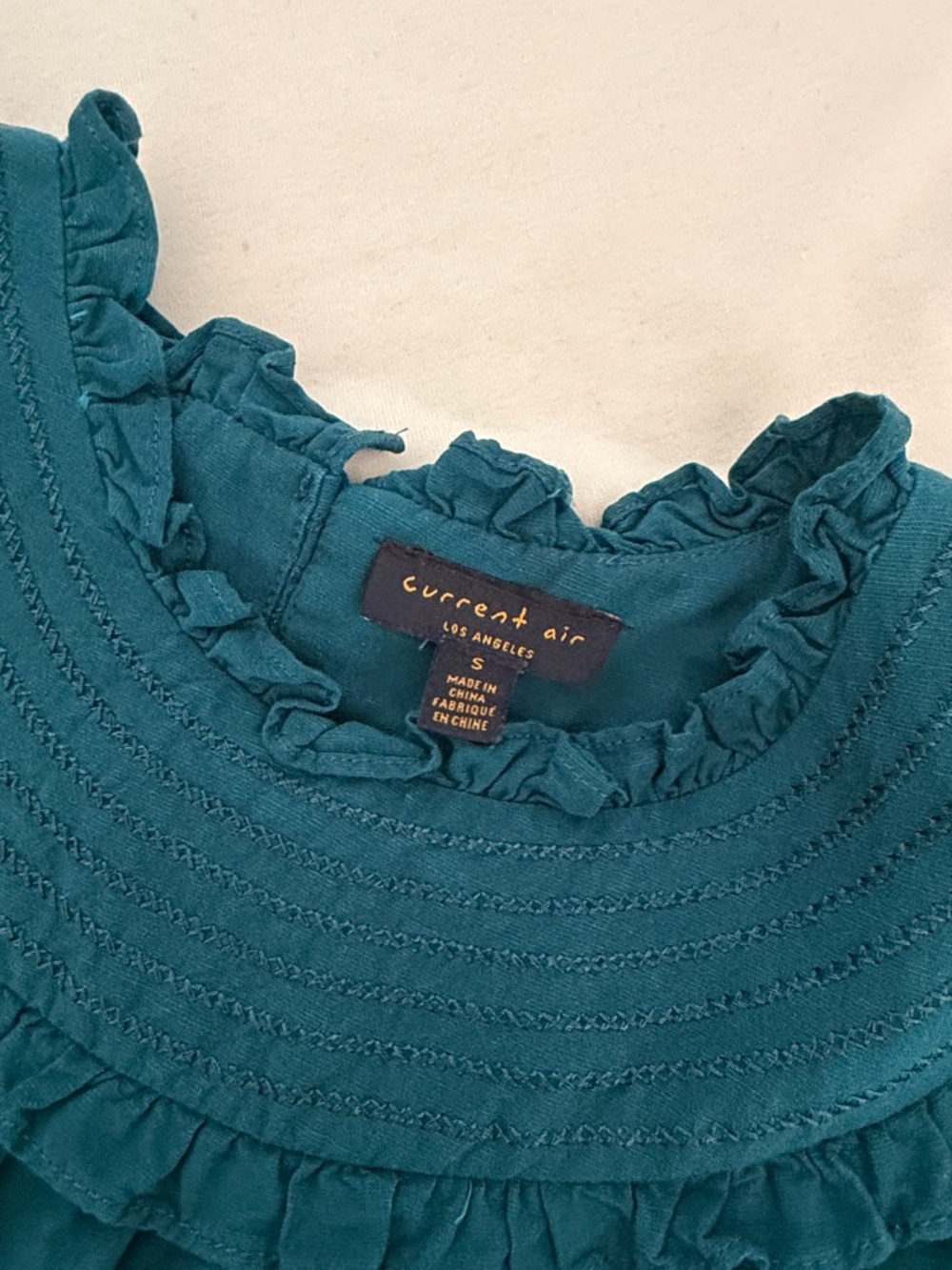 Anthropologie Teal Ruffle Yoke Puff Sleeve Blouse - Picture 6 of 6